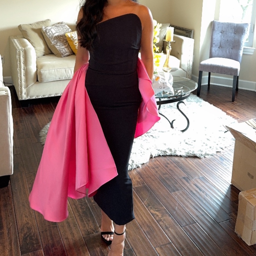 Solace London Asymmetrical Ruffled Black and Pink Cocktail Dress